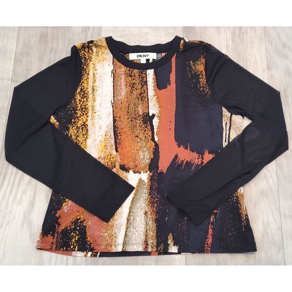 DKNY Womens Size L Artsy Top Mesh Sleeves Modal/Cotton Geometric Black Orange